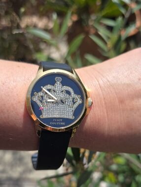 Juicy Couture Gold-Tone Crown Crystal Accent Watch with Black Strap